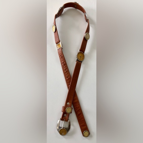 VTG 80s Leather watch theme belt Cognac brown with nickel fittings size 26\